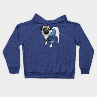 Pug in a blue denim jacket Kids Hoodie